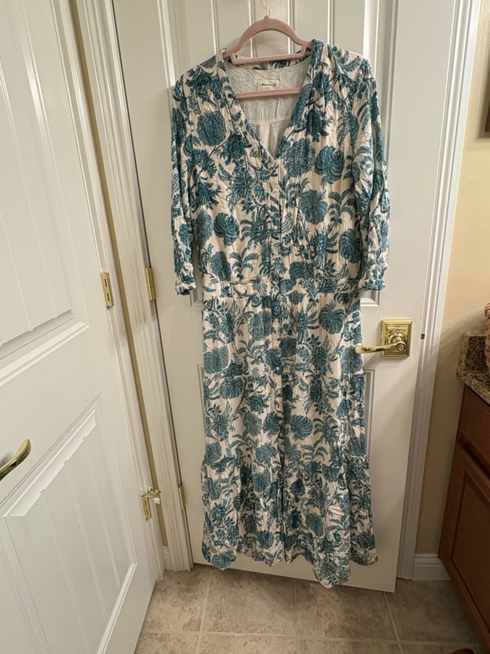 Maison 123 Cream Teal Leaf Print Midi Dress Size EU 40 US M 8